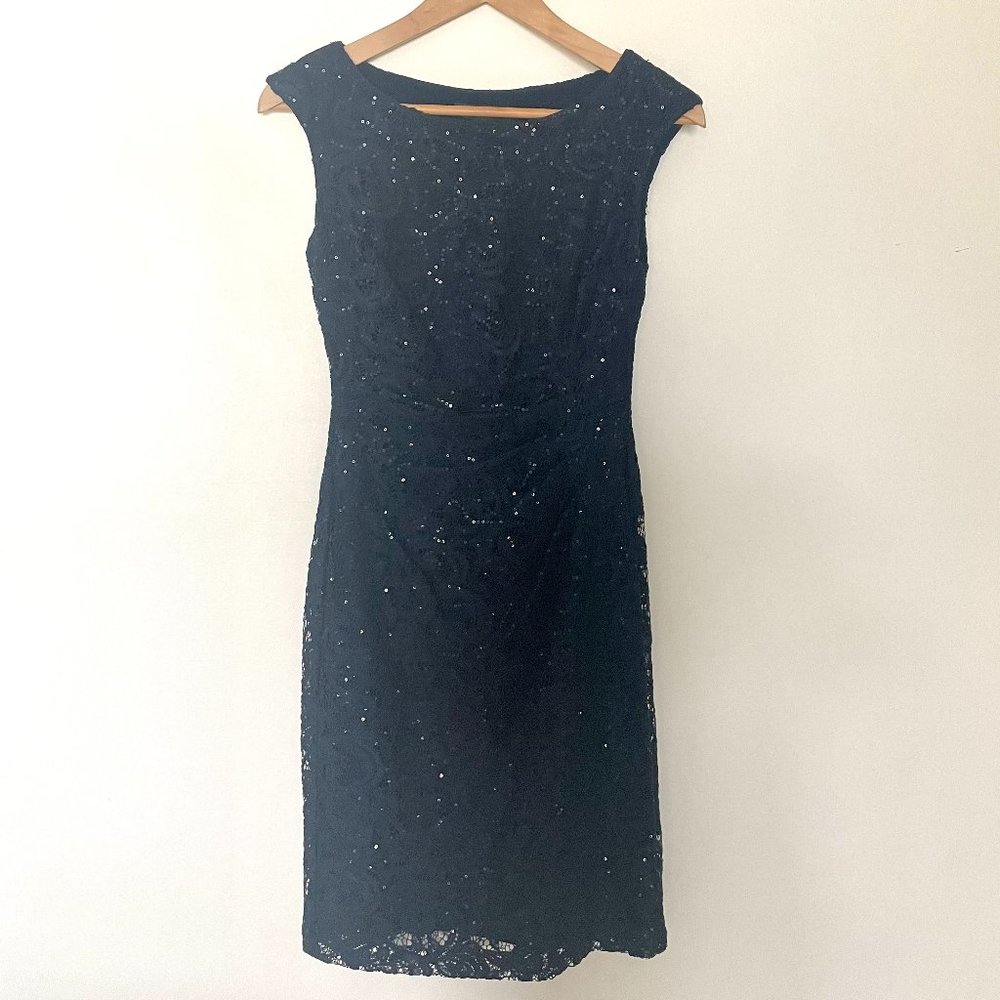 Ralph Lauren Blue Sequined Ruched Sheath Evening Cocktail Dress Size 0